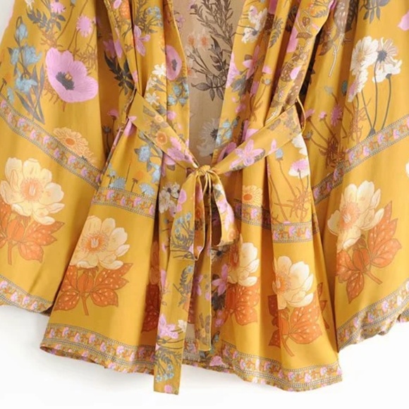 Boho Floral Tropical Print Belted Kimono Cover up - Picture 8 of 13